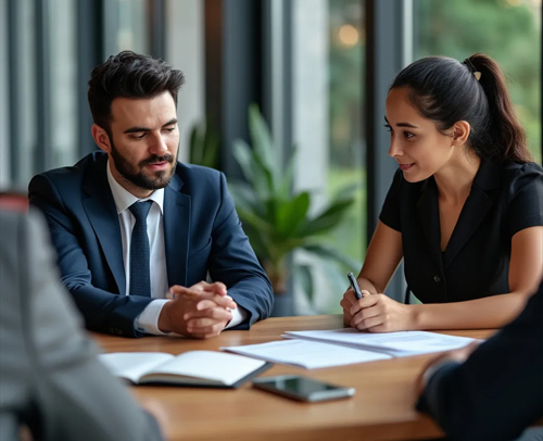 Female leader conversing with coworkers in a meeting