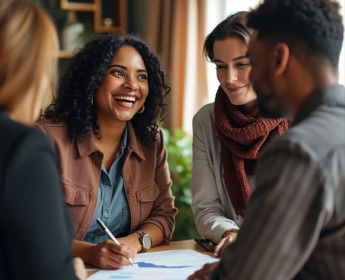 Female leader conversing with coworkers in a meeting